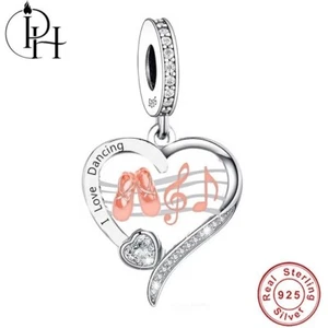Music Dance Charm 925 Silver Rose Gold Ballet Shoes Notes Birthday Heart Dangle - Picture 1 of 4