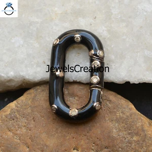 Natural Pave Diamond Clasp Lock Black Enamel Finding 925 Silver Accessories - Picture 1 of 4