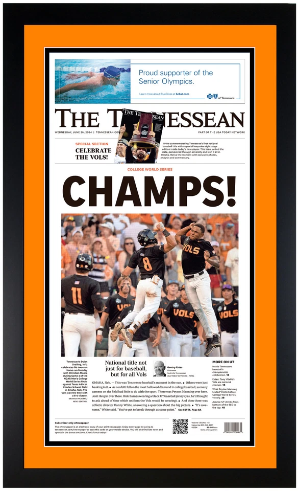 2024 Serie Mundial Universitaria CWS Champs Tennessee Vols ¡Impresión artística enmarcada en periódico! Foto 1 de 1