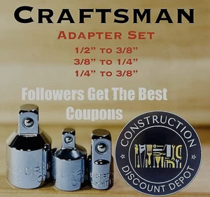 New Craftsman 3pc 1/4" 3/8" 1/2" ratchet wrench socket adapter Reducer set - Picture 1 of 1