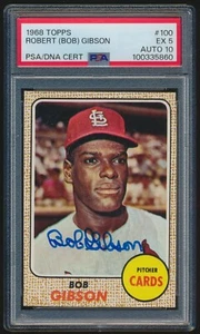 BOB GIBSON #100 1968 Topps Baseball PSA/DNA AUTO 10 PSA 5 CARDINALS - Picture 1 of 2