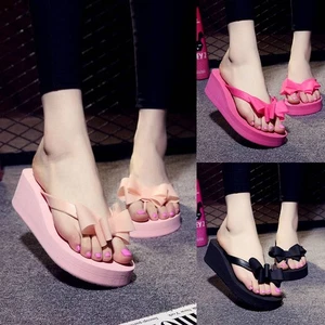 Bow Wedge Heel Flip Flop Beach Ladies Sandal Casual Slipper Women Jelly Platform - Picture 1 of 11