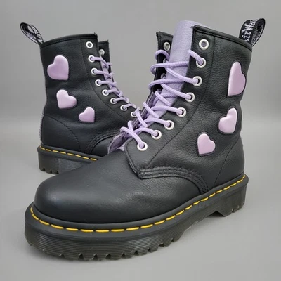 Dr. Martens Womens 1460 Boots Size 6 Purple Satin Hearts Lace-Up Black  - Image 1 of 4
