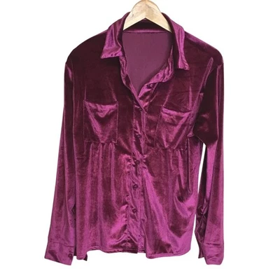 Camisa de veludo roxo sensação botão para baixo M L drapeado macio blusa de luxo Y2K aparência revival - Imagem 1 de 4