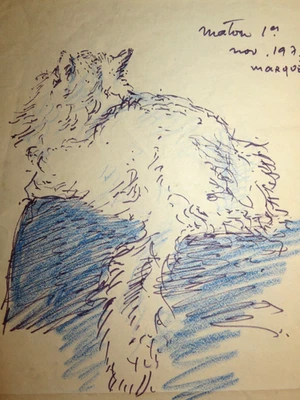 BEAU DESSIN XX ENCRE CRAYON CHAT ANGORA MATOU 1er ANIMAL FELIN SIGNE 1973 - Photo 1/4