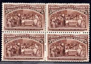 US 1893 COLUMBUS 5 CENTS BLOCK OF 4 SCOTT #234 TOP PAIR HINGED, BOTTOM PAIR NH - Picture 1 of 2
