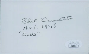 Phil Cavaretta Chicago Cubs Signed 3x5 Index Card JSA Authenticated - Picture 1 of 2
