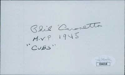 Phil Cavaretta Chicago Cubs Signed 3x5 Index Card JSA Authenticated - Image 1 of 2