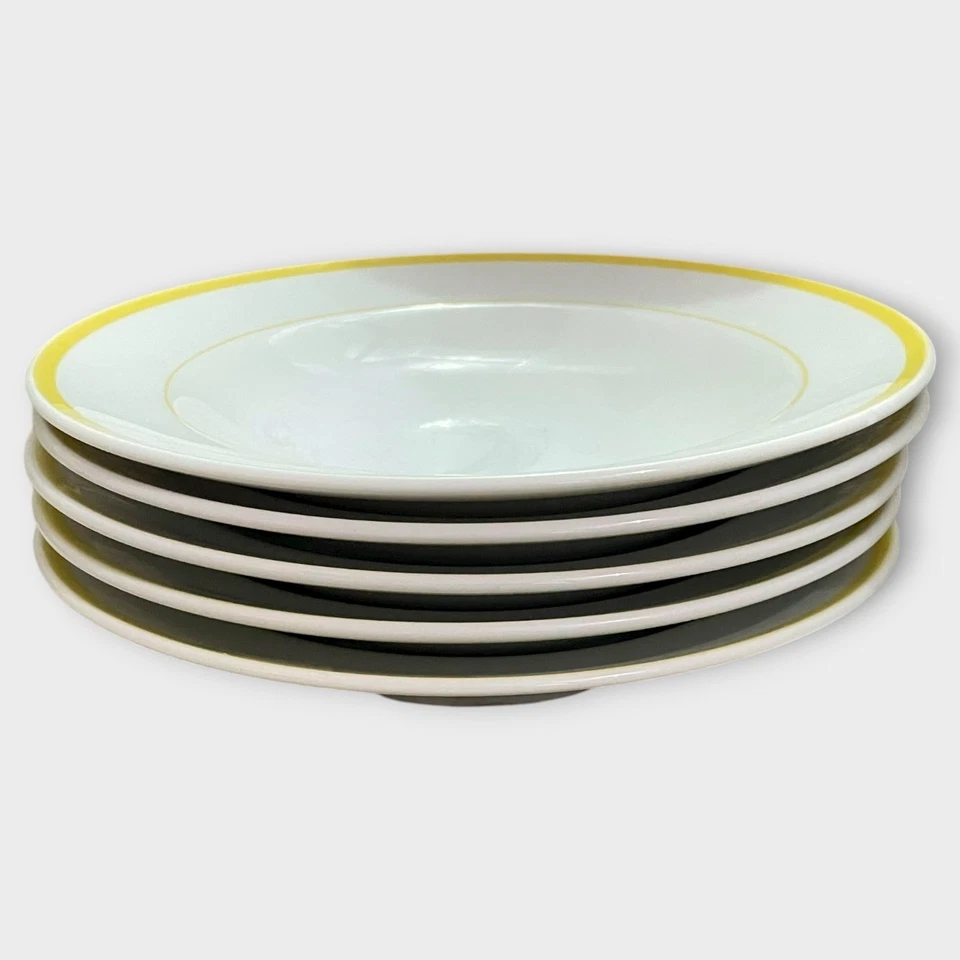 Williams Sonoma Brasserie 9" Soup Bowls Set of 6 Band and Verge White Yellow Rim - Image 1 of 4