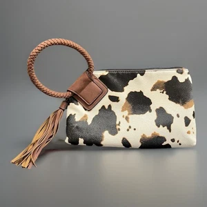Cow Print Tassel Hand Clutch with Braided Bangle 10.75" - Picture 1 of 11