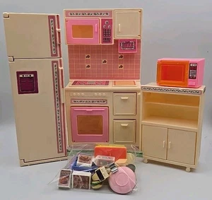 Barbie Dream Home Kitchen Lot 1987 Dollhouse Refrigerator Stove Island Cart + - Picture 1 of 8