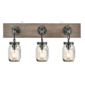 Farmhouse 3 Light Mason Jar Bathroom Vanity Lighting Wood & Glass Wall Lights - Picture 1 of 6