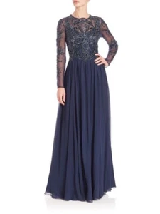 BASIX Long Sleeve Beaded Gown, Roundneck, 100% Silk, Navy, Size 0, $900 NWT - Picture 1 of 3