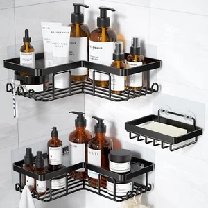 YASONIC Corner Adhesive Shower Caddy, with Soap Holder and 12 Hooks, Rustproof S - Picture 1 of 5