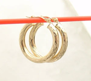 3/4" Full Diamond Cut Hoop Earrings Real 14K Yellow Gold 3X20mm FREE SHIPPING - Picture 1 of 4