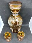 Art Deco Murano Venetian Glass Decanter Bottle Liquor Flask&Cups Silver Amber