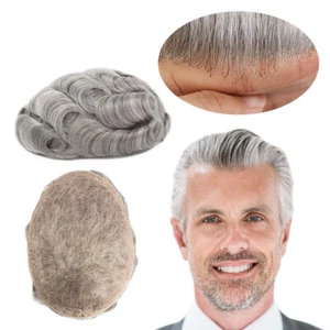 Mens Toupee Human Hair Replacement System Full French Lace Grey Hairpiece #1B80 - Picture 1 of 9