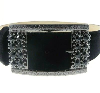 30-34" Chico's Small Black Rhinestone Velvet Leather Belt Gunmetal - Image 1 of 4