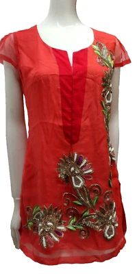 Evening Reddish Tunic Rhinestone Organza Silk PARUL & ASHIE SHIRT TOP Beaded S/M - Image 1 of 4