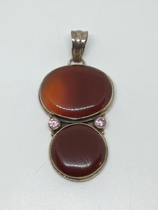 Vintage Sterling Silver 925 Orange Agate Pink CZ Pendant - Picture 1 of 7