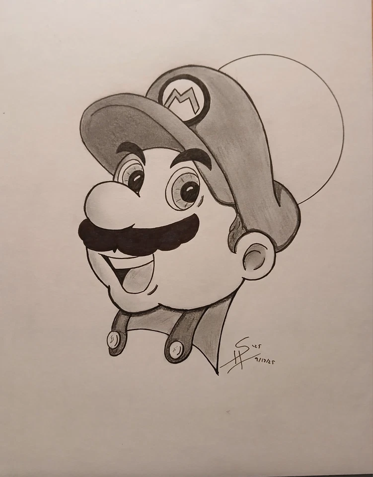 DESENHO DE ARTE ORIGINAL MARIO SUPER MARIO SHAWN HUDSON PRETO E CINZA CARVALHO 8,5X11 - Imagem 1 de 1
