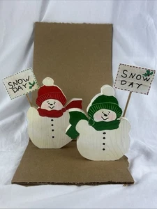 Snowman Figurine Set Of 2 Snow Day Sign 7” Hand Painted Wood - Picture 1 of 8