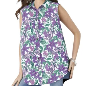 Roaman's Women's Plus Size Sleeveless Kate Big Shirt 42W Purple Paradise Garden - Picture 1 of 3