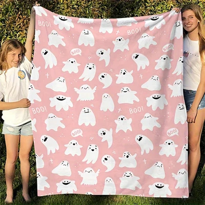 Halloween Decke Rosa Flanell Mit Geist Boo Motiv Weich Gemütlich Sofa Bett - Bild 1 von 4