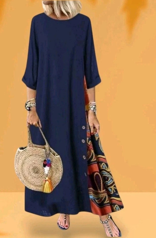 Zanzea Collection Maxi Dress Women's XL Blue Solid Bold Print Long Sleeve Cotton - Image 1 of 4