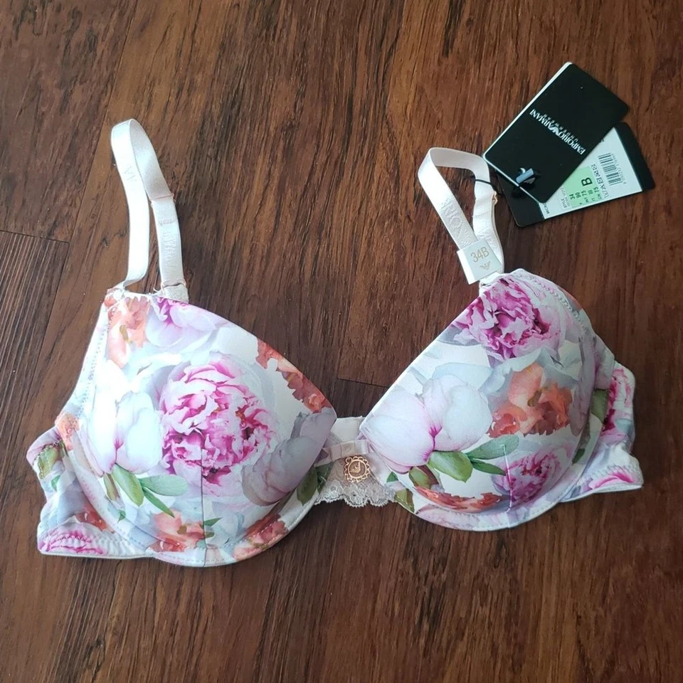 Nuevo con etiquetas Sujetador Emporio Armani Floral Rosa Femenino Silencioso Lujo Pushup Talla 34B Foto 1 de 4