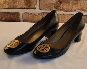 Tory Burch Benton Shoes Block Heels Logo Womens Sz 8 Black Leather Quiet Luxury  - Picture 1 of 13