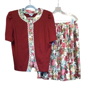 Vintage Good Times Womens Two Piece Skirt Set Button Front Knit Top Size 14 P - Picture 1 of 13