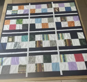 Vtg QUILT Small PATCHWORK HANDMADE Baby BLANKET Sheep Bunnies Lady Colorful Blue - Picture 1 of 6