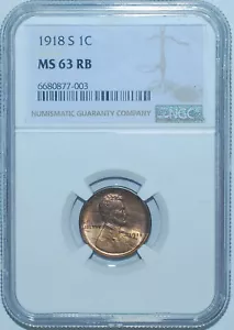 1918 S NGC MS63RB Red Brown Streaked Alloy Wood Grain Tone Lincoln Wheat Cent - Picture 1 of 2