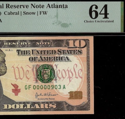 2004A $10 Federal Reserve Note Atlanta PMG 64 low serial number 903 - Image 1 of 3