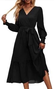 NEW Long Sleeve Wrap V Neck Ruffle A-Line Flowy Maxi Dress L NO BELT - Picture 1 of 5