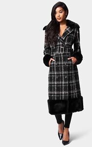 Badgley Mischka long coat size large checked fur trim womens belted evening 