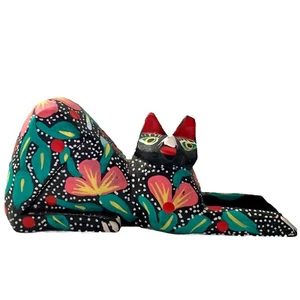 Kitty Cat Carved Wood Floral Hand Painted Mexico Signed Donato Oaxaca? No Tail - Picture 1 of 8