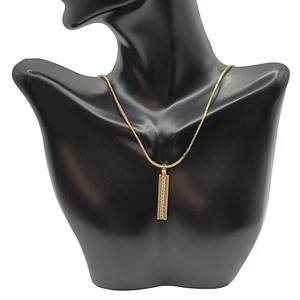 Vertical Bar Stick Cubic Zirconia CZ Stone Center Pendant Gold Tone Necklace - Picture 1 of 18