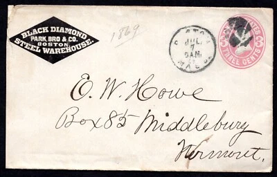 US 1869 SCOTT #U58 EARLY ADVERTISING COVER BLACK DIAMOND OF BOSTON, MASS. TO VT. - Image 1 of 2