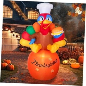 6 FT Thanksgiving Inflatable Turkey on Pumpkin Decorations with Chef Hat & - Picture 1 of 7
