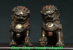 Par de estatuas de bestia antigua puerta china de bronce fengshui león fu foo perro guardián bestia - Imagen 1 de 9
