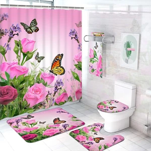 7 Piece Pink Rose Shower Curtain Set with Rugs and Towels, Include Non-Slip Rug, - Picture 1 of 6