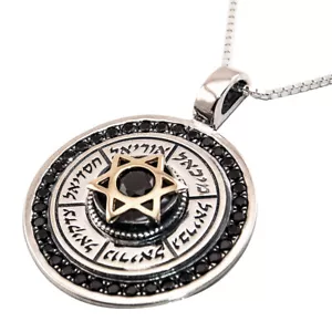 Runder Anhänger Magen David und Engel Namen Silber 925 Gold 9K schwarze Onyxsteine - Bild 1 von 5
