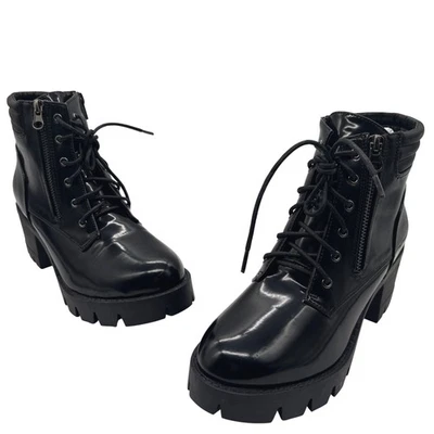 NEW Allegra K Ankle Boots Womens 8.5 Black Lace Up Side Zip Chunky Heel Platform - Image 1 of 4