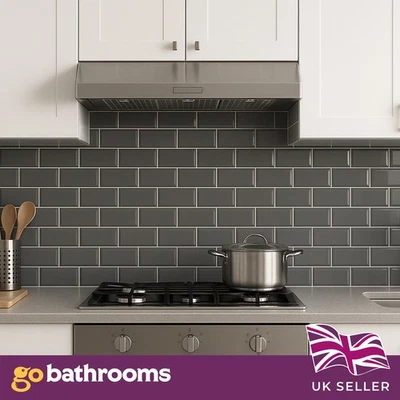 Dark  Grey Brick Bevel Subway Metro Kitchen Bathroom Wall Tiles | 100x200mm Box - Image 1 of 4