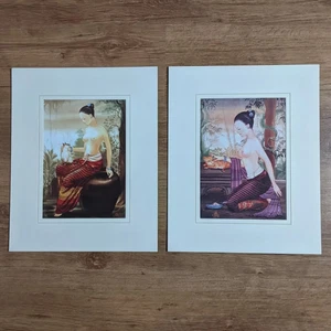 Nude Thai Asian Woman Stroking Cats Large Erotic Breast Painting Print Vintage - Picture 1 of 5
