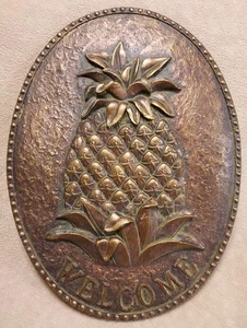 Vintage Andrea von Sadek Welcome Ananas Wandbehang - Messingimitat ~ oval 8,5x12" - Bild 1 von 6