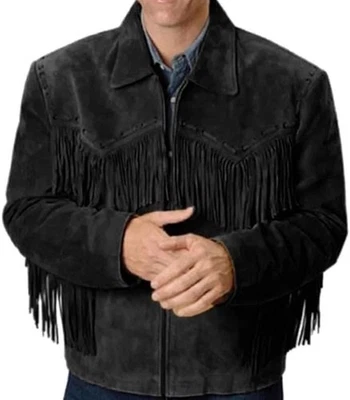 Black Western Suede Leather Mens Native American Cowboy Fringe Jacket Tassels - Image 1 of 4