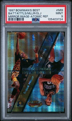 Bowman's Best Atomic Refractor #MI9 1997-98 Hakeem Olajuwon Reggie Miller PSA 9 Foto 1 de 3